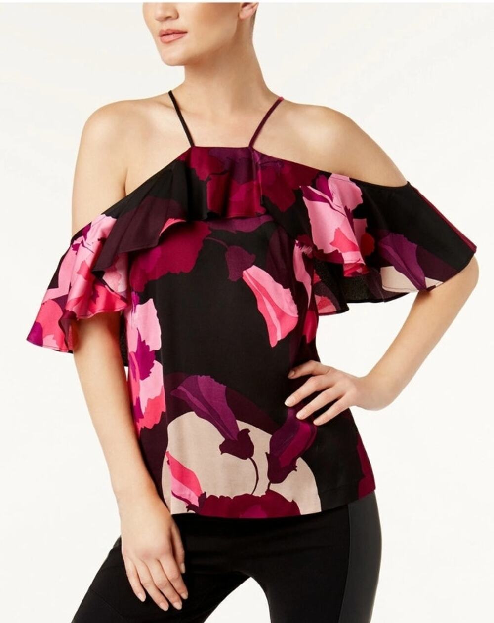 Trina Turk Womens Floral Layered Halter Top Feminine Maximalist Small